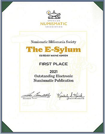 ANA First Place Award Plaque for Outstanding Electronic Numismatic Publication